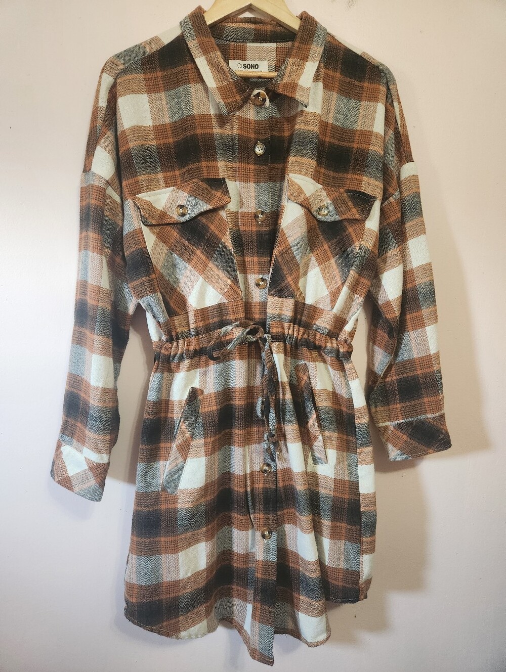 ​Ci Sono Plaid Collection Flannel Shacket Shirt Dress Tie Waist Brown XL